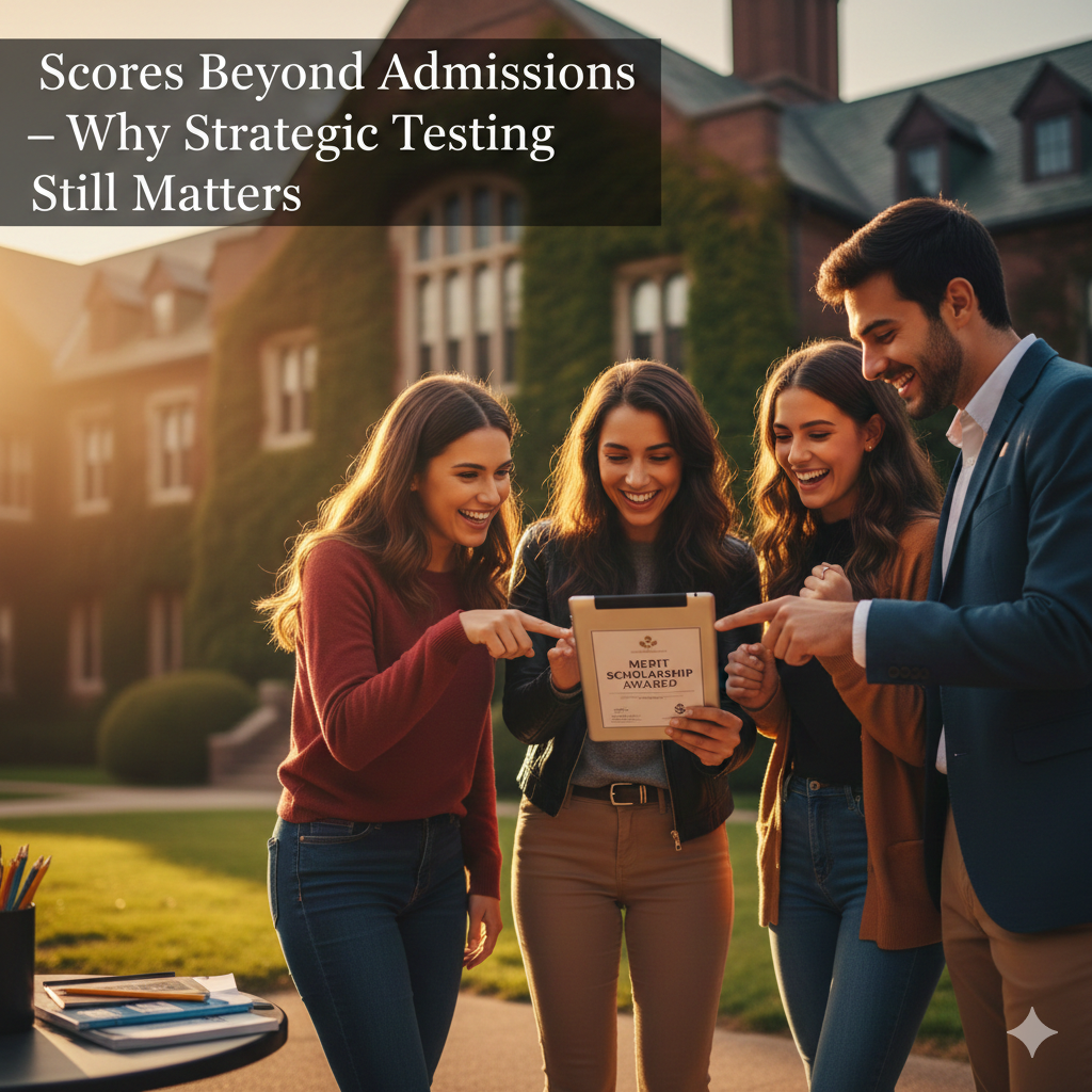 A professional tutor or counselor smiles alongside three happy students, all pointing at a tablet displaying a 'Merit Scholarship Award' notification outside a traditional university building, symbolizing the value of strong test scores beyond general admission.