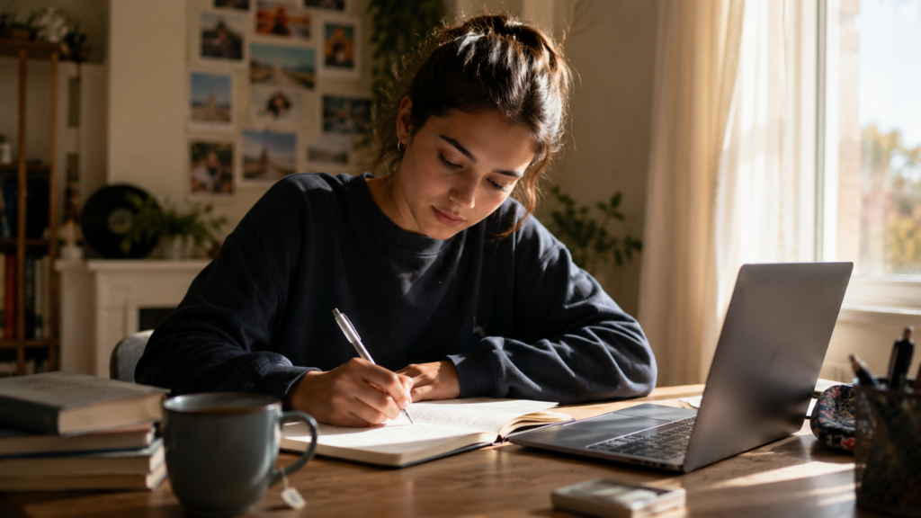 Student writing a college application essay by hand and laptop in natural light.