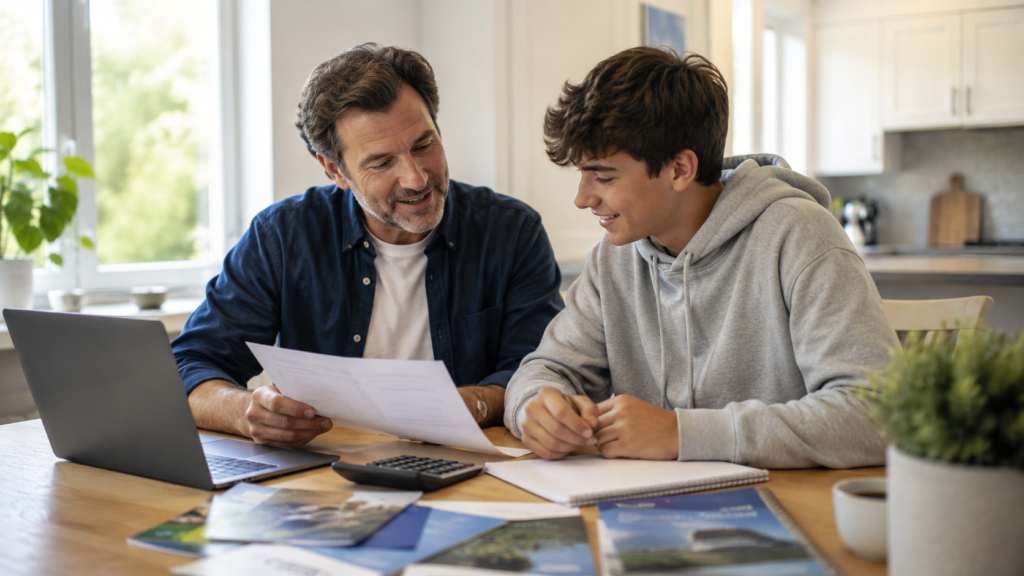 Parent and student reviewing merit aid and college scholarship options together at home.